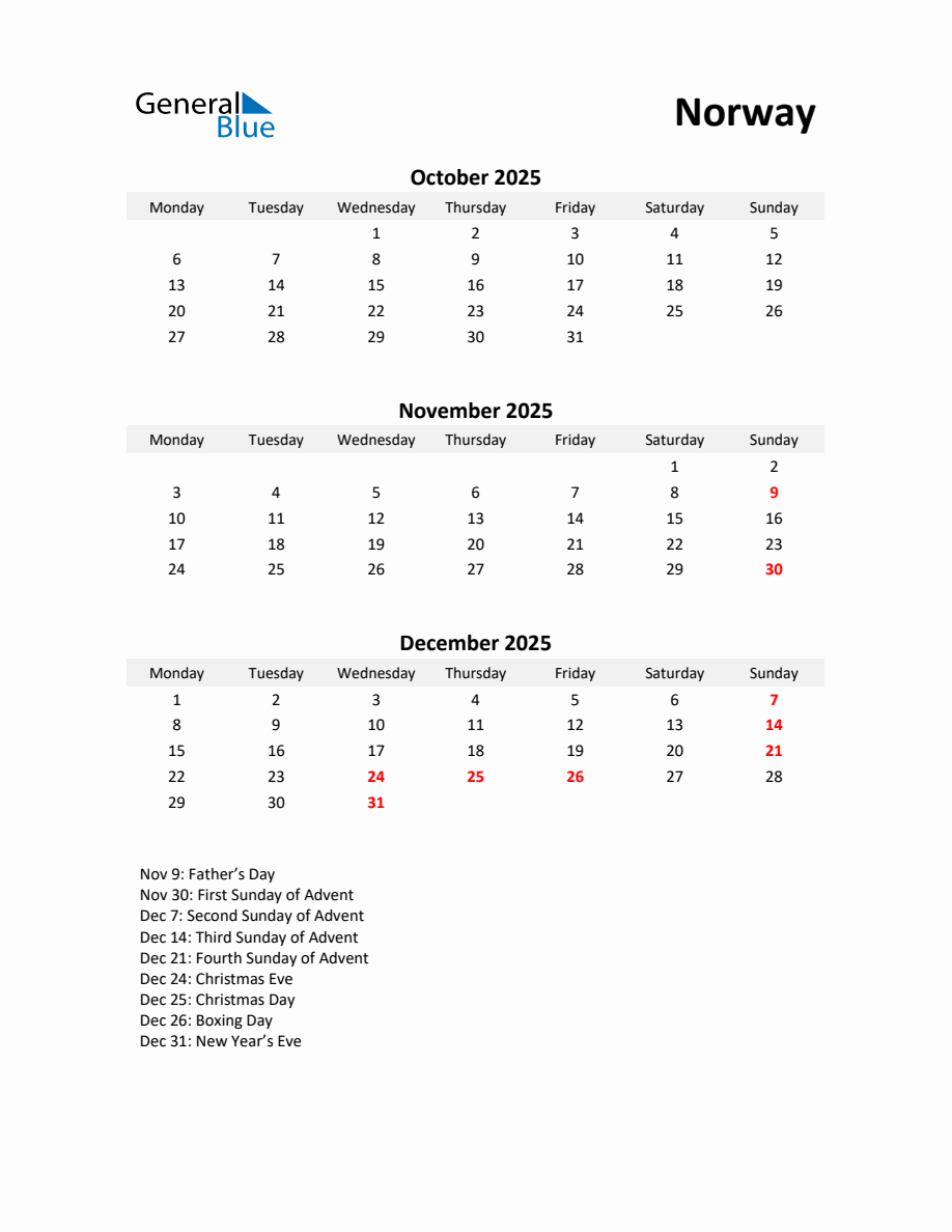 Printable Quarterly Calendar with Notes and Norway Holidays Q4 of