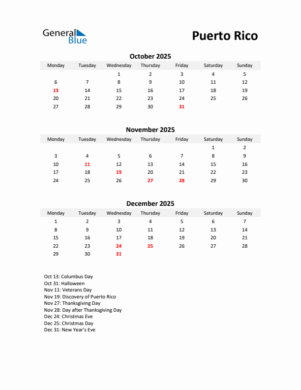 Printable Quarterly Calendar with Notes and Puerto Rico Holidays- Q4 of 2025