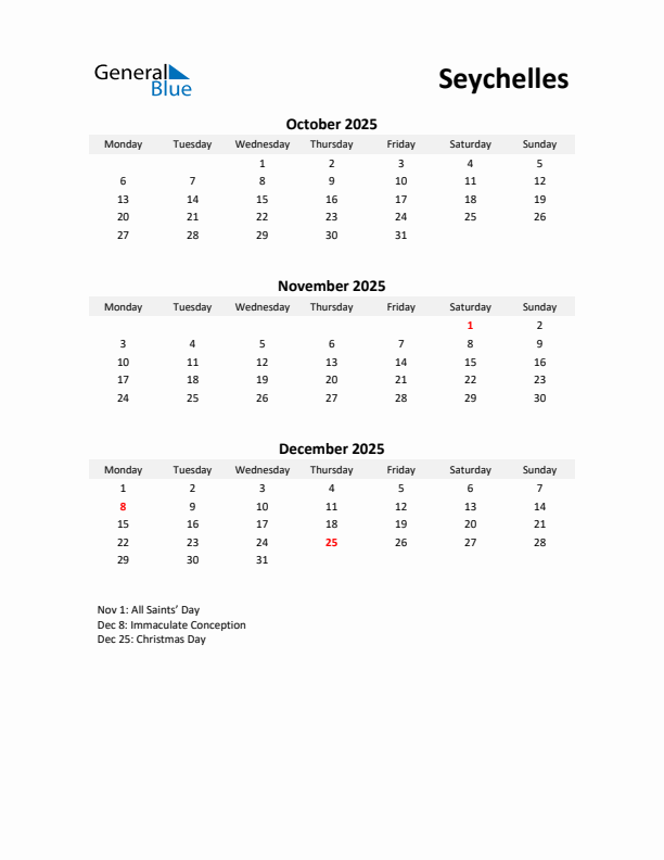 Printable Quarterly Calendar with Notes and Seychelles Holidays- Q4 of 2025