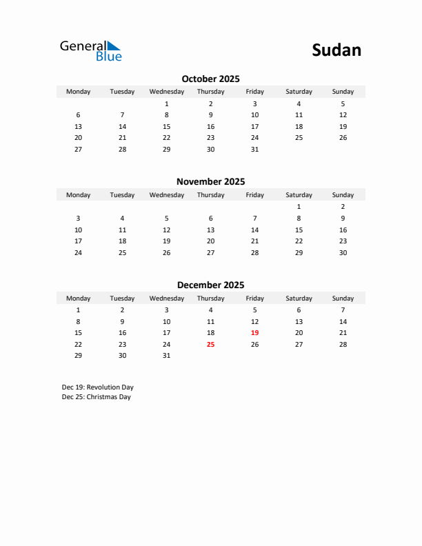 Printable Quarterly Calendar with Notes and Sudan Holidays- Q4 of 2025