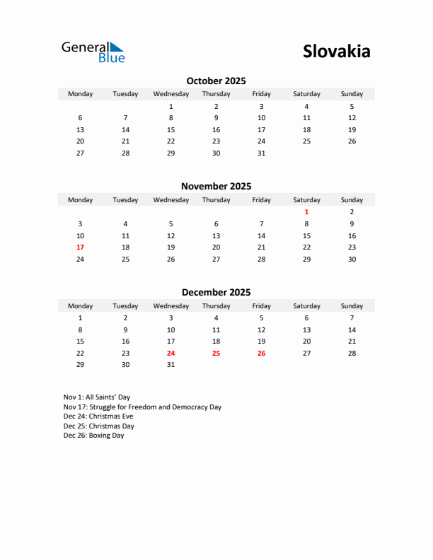 Printable Quarterly Calendar with Notes and Slovakia Holidays- Q4 of 2025