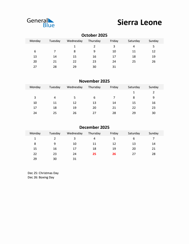 Printable Quarterly Calendar with Notes and Sierra Leone Holidays- Q4 of 2025