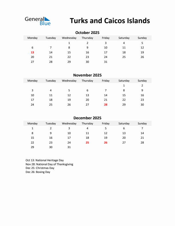 Printable Quarterly Calendar with Notes and Turks and Caicos Islands Holidays- Q4 of 2025
