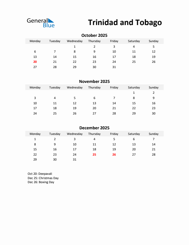 Printable Quarterly Calendar with Notes and Trinidad and Tobago Holidays- Q4 of 2025