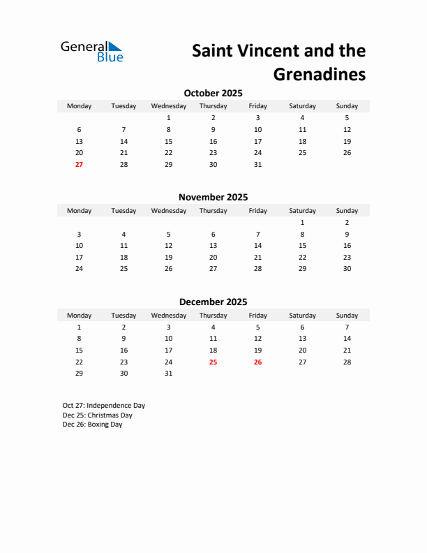 Printable Quarterly Calendar with Notes and Saint Vincent and the Grenadines Holidays- Q4 of 2025