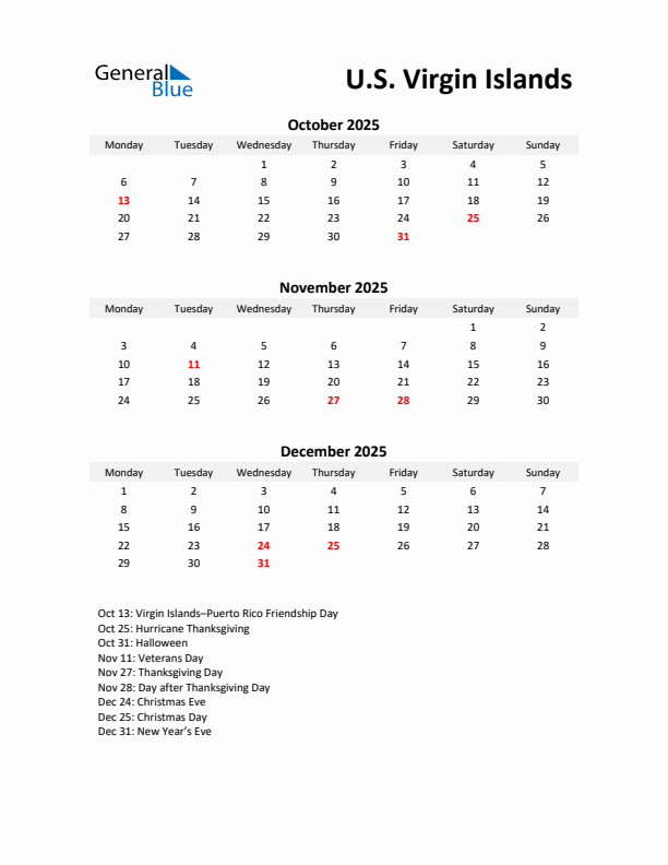 Printable Quarterly Calendar with Notes and U.S. Virgin Islands Holidays- Q4 of 2025