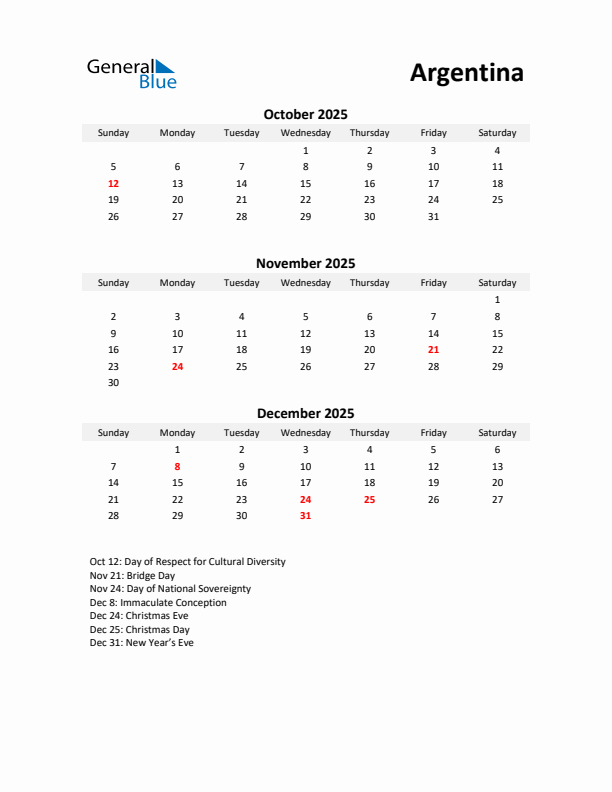 Printable Quarterly Calendar with Notes and Argentina Holidays- Q4 of 2025