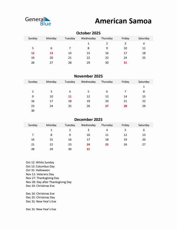 Printable Quarterly Calendar with Notes and American Samoa Holidays- Q4 of 2025