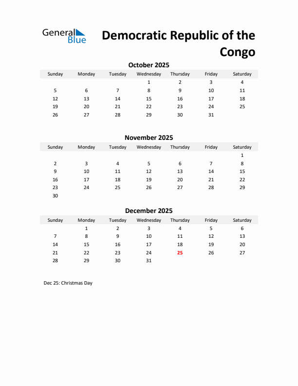 Printable Quarterly Calendar with Notes and Democratic Republic of the Congo Holidays- Q4 of 2025