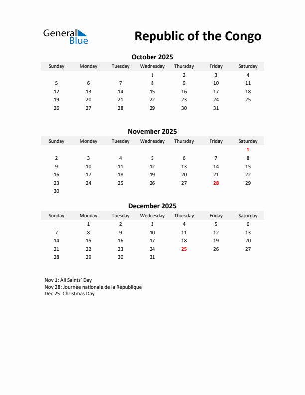 Printable Quarterly Calendar with Notes and Republic of the Congo Holidays- Q4 of 2025