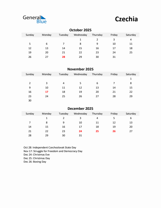 Printable Quarterly Calendar with Notes and Czechia Holidays- Q4 of 2025