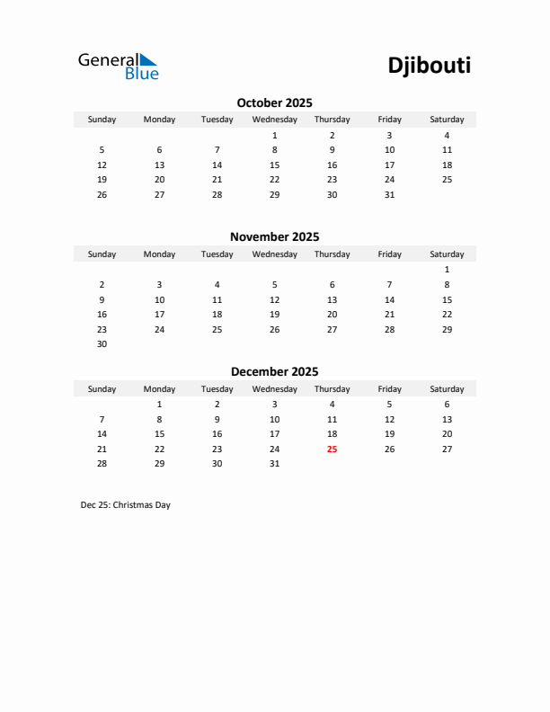 Printable Quarterly Calendar with Notes and Djibouti Holidays- Q4 of 2025