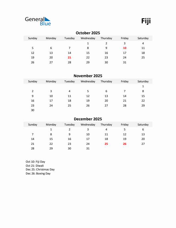 Printable Quarterly Calendar with Notes and Fiji Holidays- Q4 of 2025