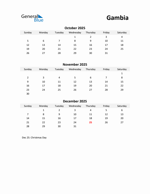 Printable Quarterly Calendar with Notes and Gambia Holidays- Q4 of 2025