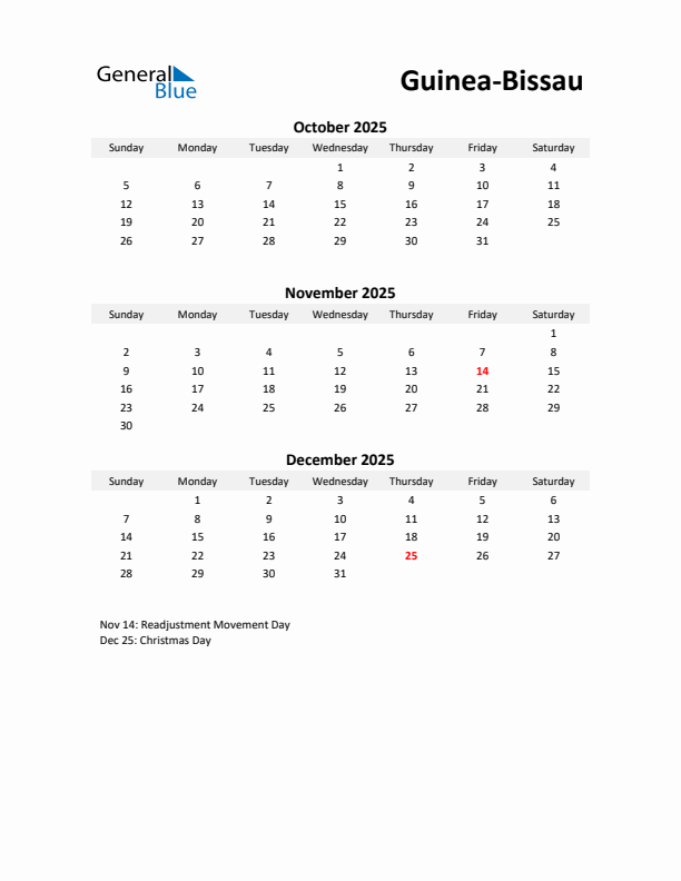 Printable Quarterly Calendar with Notes and Guinea-Bissau Holidays- Q4 of 2025