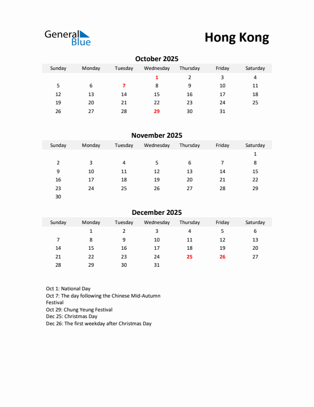 Printable Quarterly Calendar with Notes and Hong Kong Holidays- Q4 of 2025