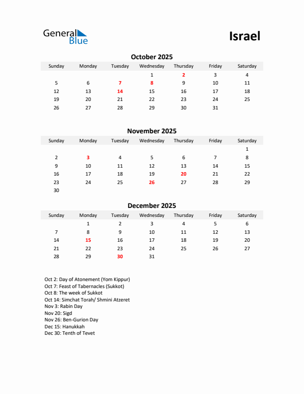 Printable Quarterly Calendar with Notes and Israel Holidays- Q4 of 2025