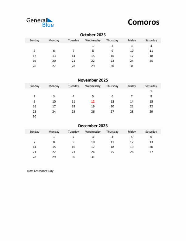 Printable Quarterly Calendar with Notes and Comoros Holidays- Q4 of 2025