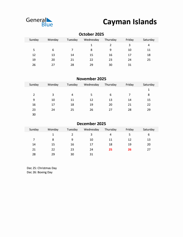 Printable Quarterly Calendar with Notes and Cayman Islands Holidays- Q4 of 2025