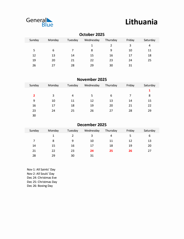 Printable Quarterly Calendar with Notes and Lithuania Holidays- Q4 of 2025