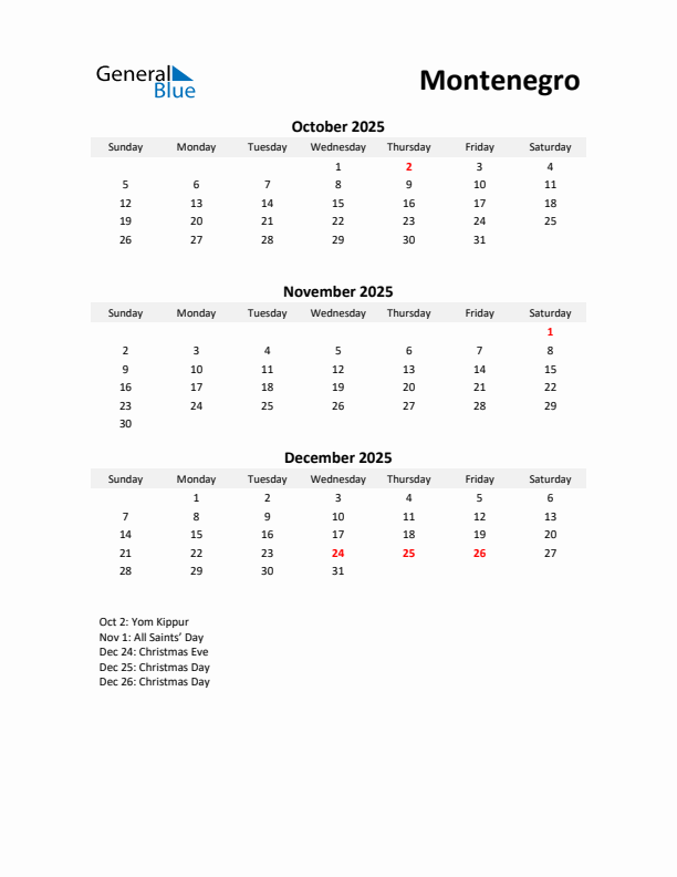Printable Quarterly Calendar with Notes and Montenegro Holidays- Q4 of 2025