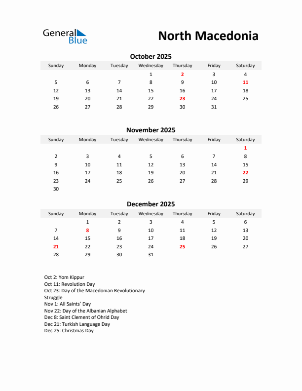Printable Quarterly Calendar with Notes and North Macedonia Holidays- Q4 of 2025