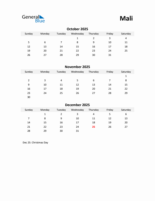 Printable Quarterly Calendar with Notes and Mali Holidays- Q4 of 2025