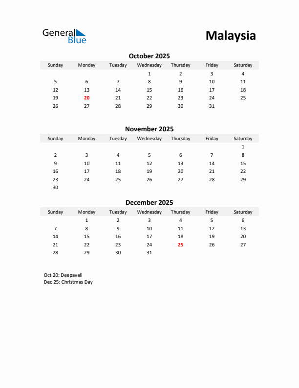 Printable Quarterly Calendar with Notes and Malaysia Holidays- Q4 of 2025
