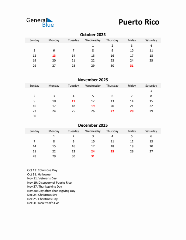 Printable Quarterly Calendar with Notes and Puerto Rico Holidays- Q4 of 2025
