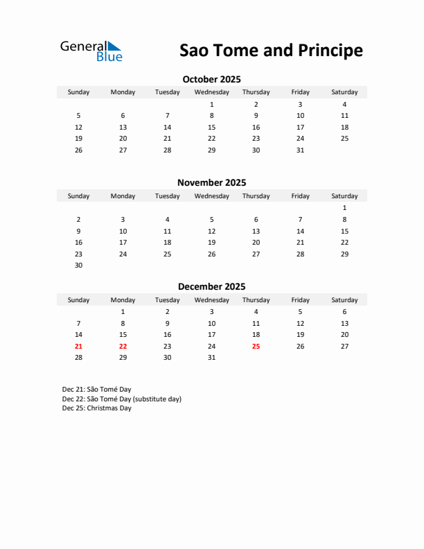 Printable Quarterly Calendar with Notes and Sao Tome and Principe Holidays- Q4 of 2025