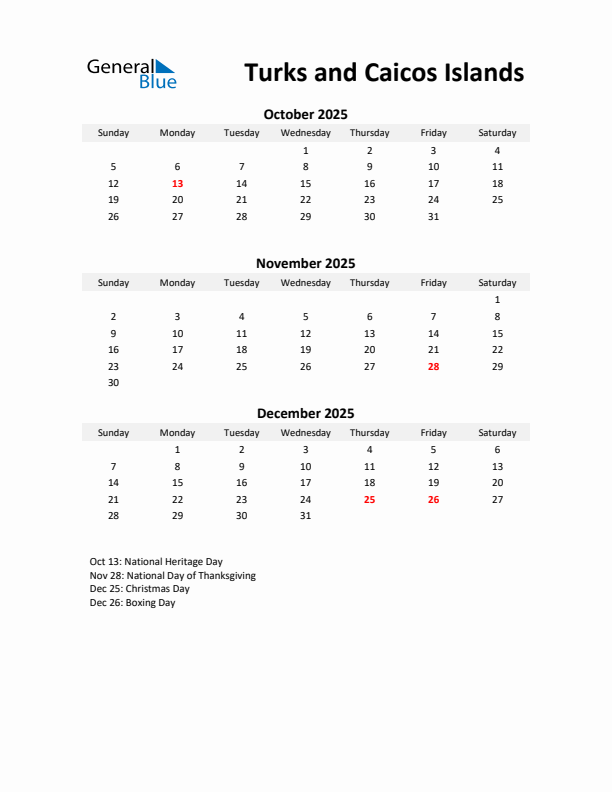 Printable Quarterly Calendar with Notes and Turks and Caicos Islands Holidays- Q4 of 2025