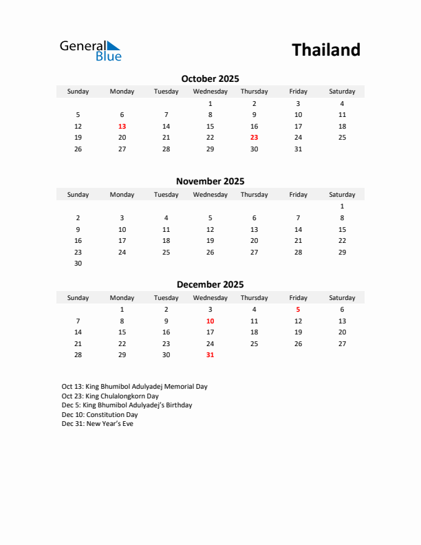 Printable Quarterly Calendar with Notes and Thailand Holidays- Q4 of 2025