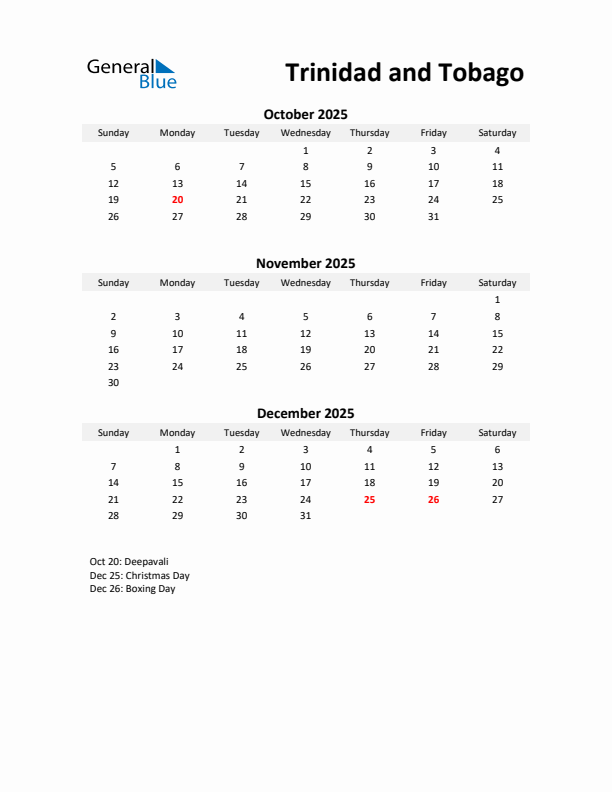 Printable Quarterly Calendar with Notes and Trinidad and Tobago Holidays- Q4 of 2025