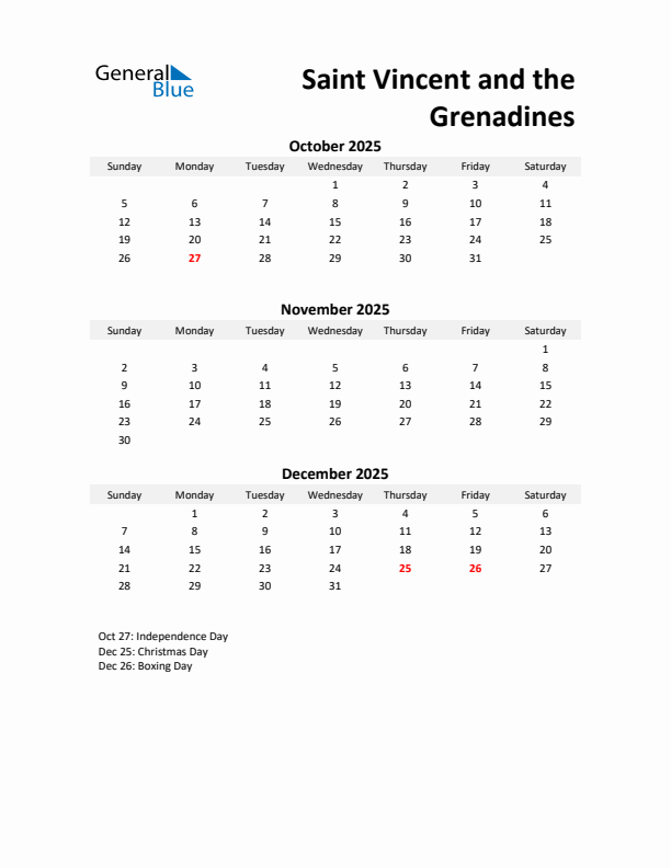 Printable Quarterly Calendar with Notes and Saint Vincent and the Grenadines Holidays- Q4 of 2025