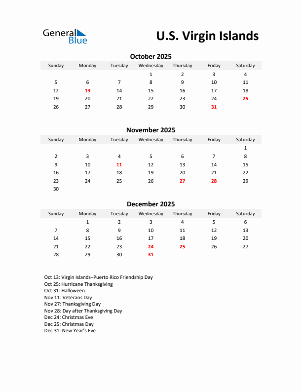 Printable Quarterly Calendar with Notes and U.S. Virgin Islands Holidays- Q4 of 2025