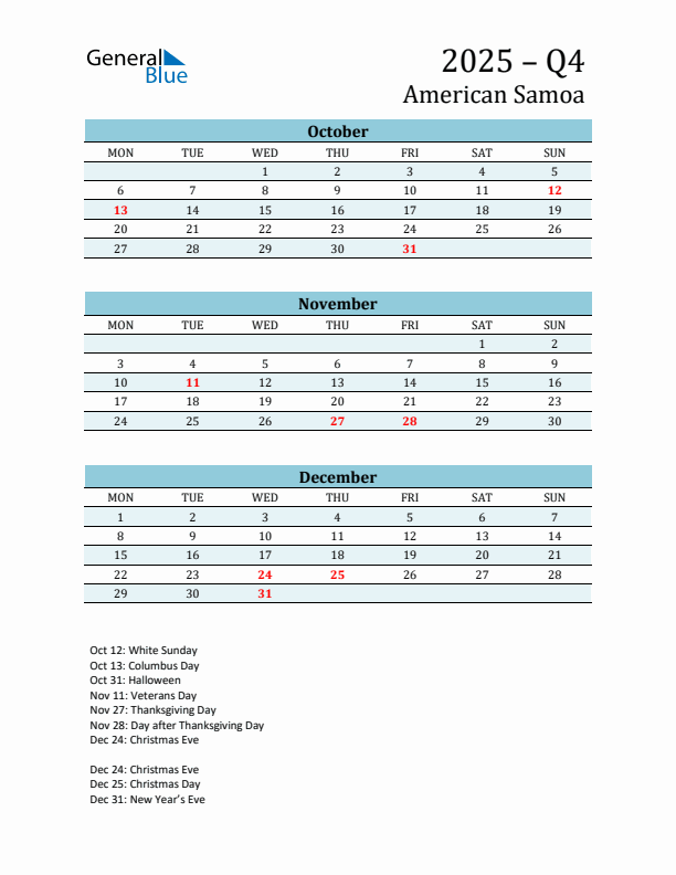 Three-Month Planner for Q4 2025 with Holidays - American Samoa