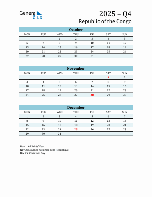 Three-Month Planner for Q4 2025 with Holidays - Republic of the Congo
