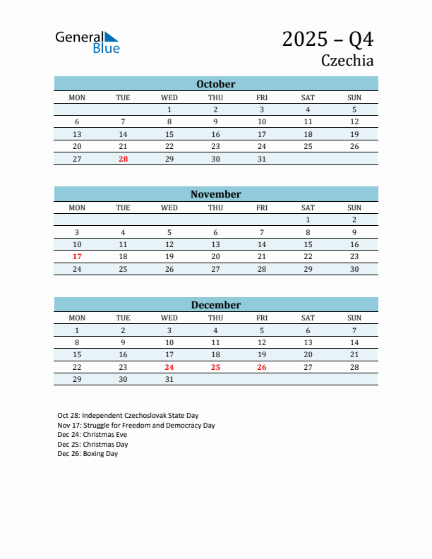 Three-Month Planner for Q4 2025 with Holidays - Czechia