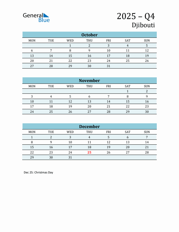 Three-Month Planner for Q4 2025 with Holidays - Djibouti
