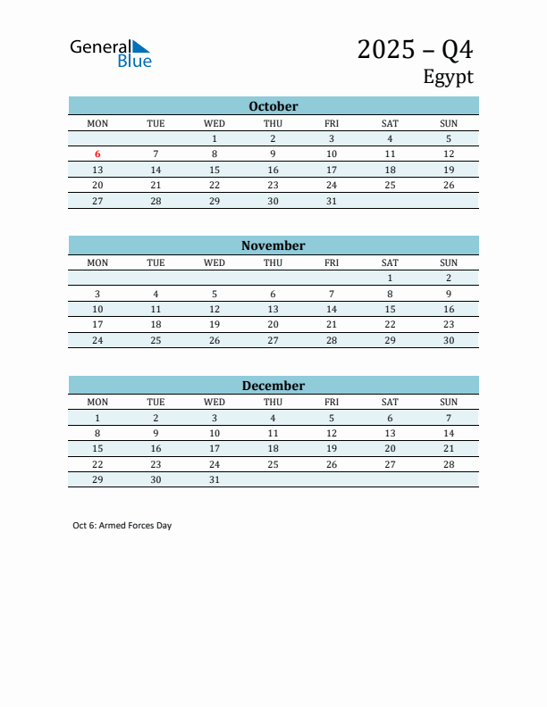 Three-Month Planner for Q4 2025 with Holidays - Egypt
