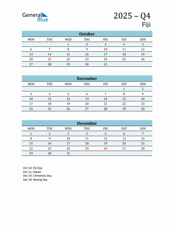 Three-Month Planner for Q4 2025 with Holidays - Fiji