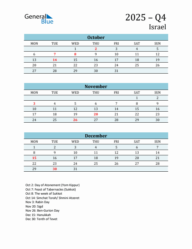Three-Month Planner for Q4 2025 with Holidays - Israel