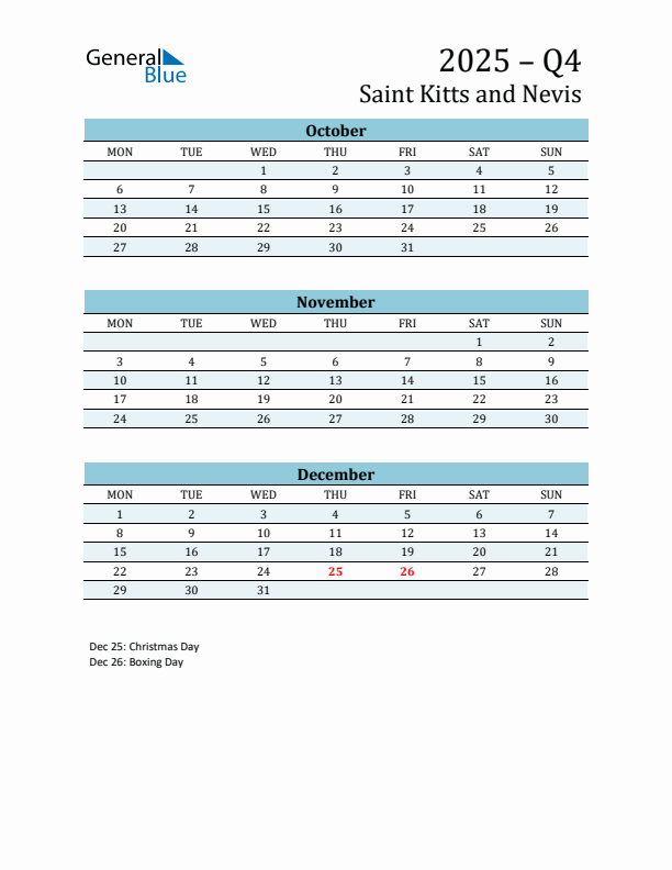 Three-Month Planner for Q4 2025 with Holidays - Saint Kitts and Nevis