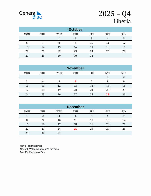 Three-Month Planner for Q4 2025 with Holidays - Liberia