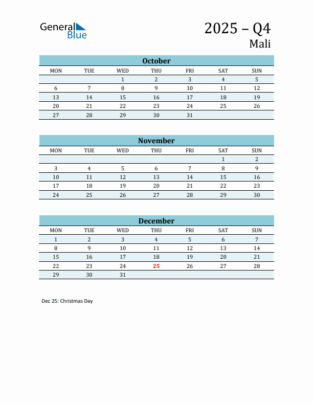Three-Month Planner for Q4 2025 with Holidays - Mali