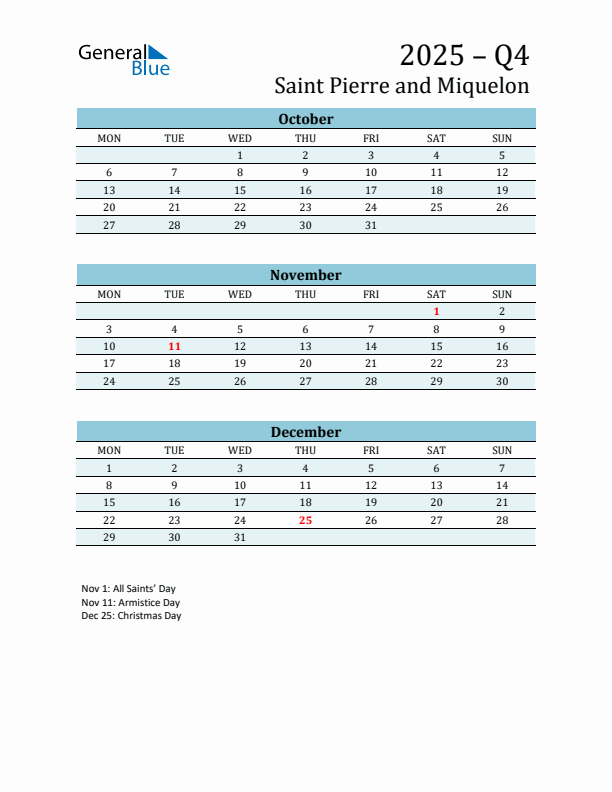 Three-Month Planner for Q4 2025 with Holidays - Saint Pierre and Miquelon