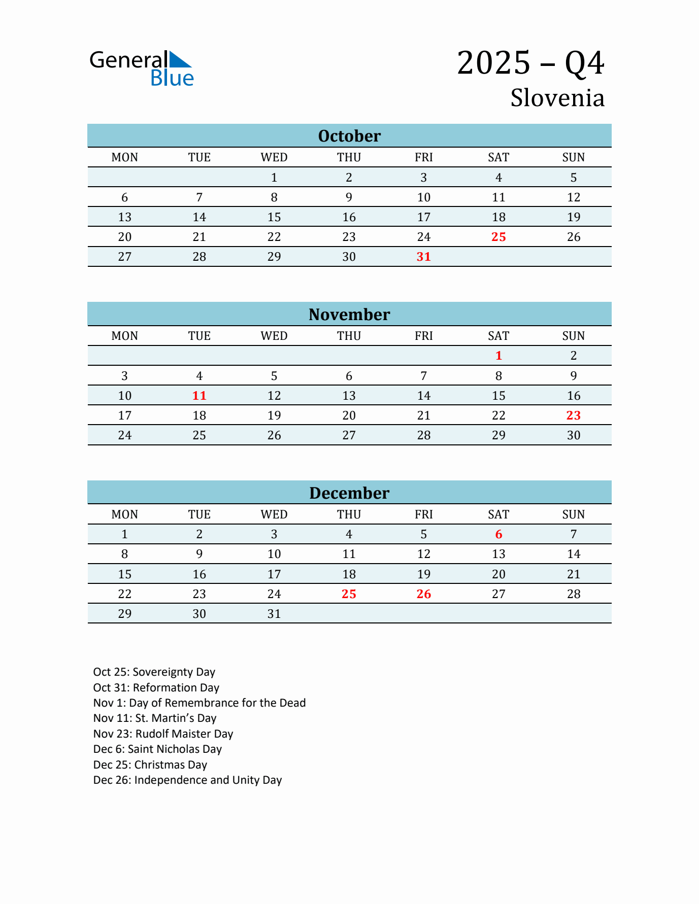 Three-Month Planner for Q4 2025 with Holidays - Slovenia