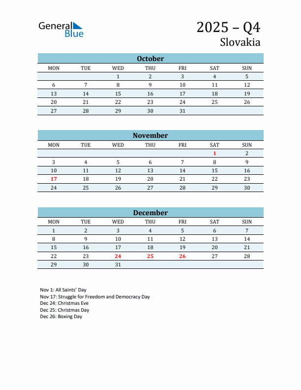 Three-Month Planner for Q4 2025 with Holidays - Slovakia