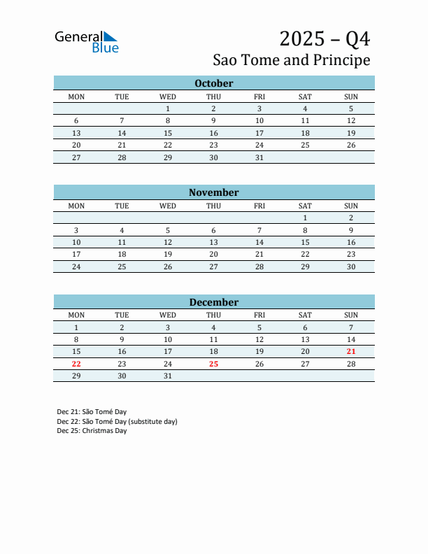 Three-Month Planner for Q4 2025 with Holidays - Sao Tome and Principe