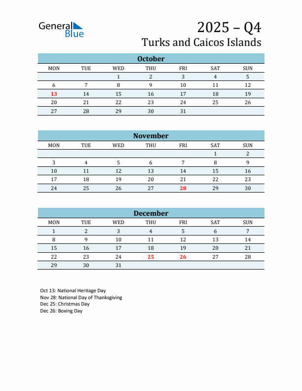 Three-Month Planner for Q4 2025 with Holidays - Turks and Caicos Islands